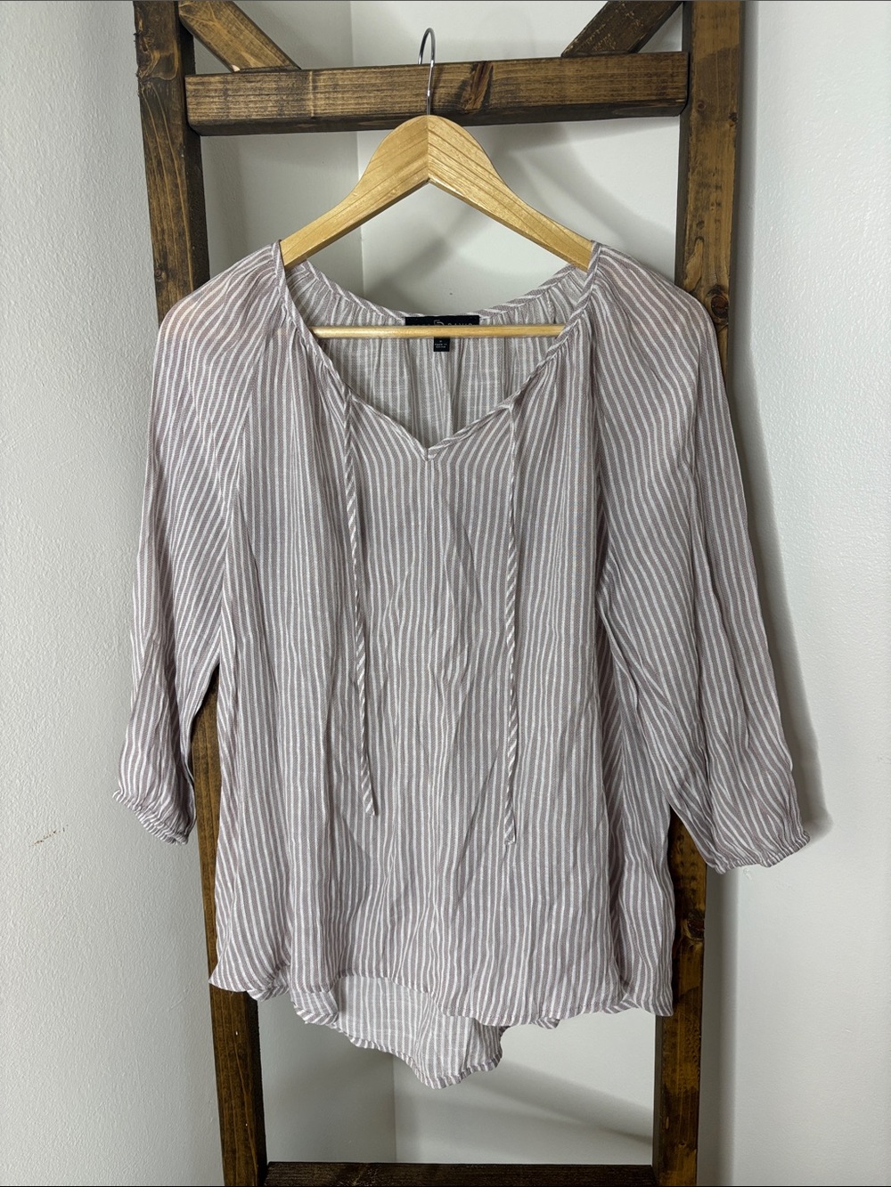 Fred David Taupe and White Striped Tie-Neck Tunic Size S